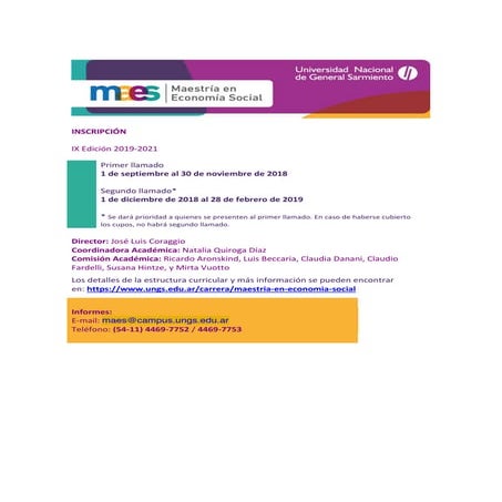 Convocatoria MAES 2019 - Maestría en Economía Social - UNGS - Buenos Aires, Argentina - Flyer