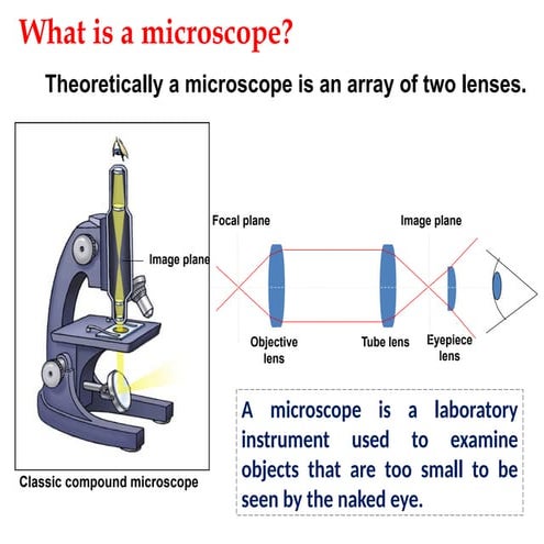 A microscope is a laboratory instrument used to examine objects that are too small to be seen by the naked eye
