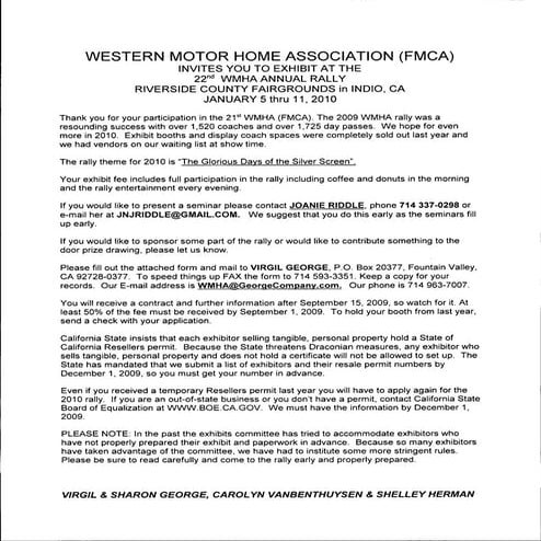 FMCA WMHA Vendor Information