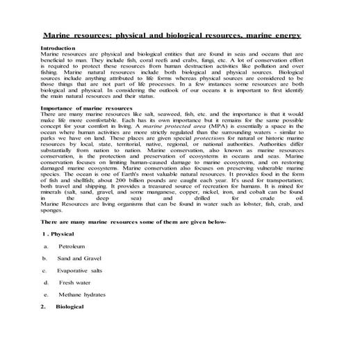 Marine Resources: Physical and biological resources, marine energy