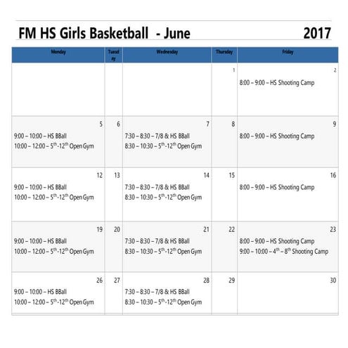 FM HS Girls Summer Schedule