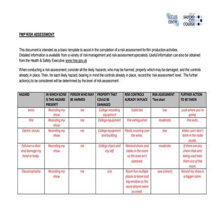 Fmp risk assessment form