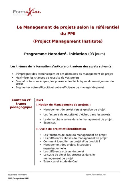 Le Management de projets selon le référentiel du PMI (Project Management Inst...