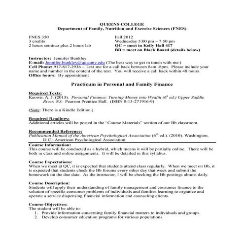 Fnes 350   practicum in personal and family finance ((queens college fall2012