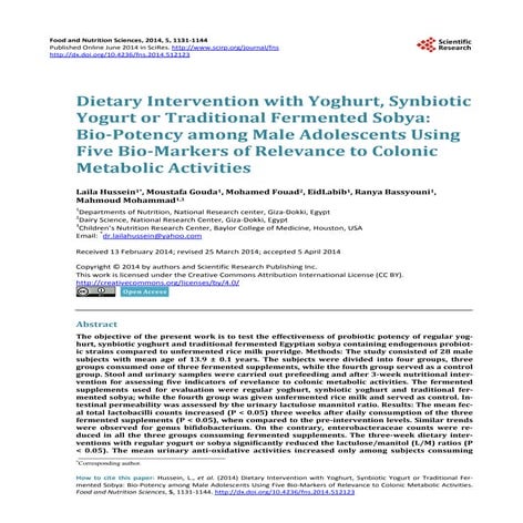 Dietary Intervention with Yoghurt, Synbiotic Yogurt or Traditional Fermented Sobya: Bio-Potency among Male Adolescents Using Five Bio-Markers of Relevance to Colonic Metabolic Activities