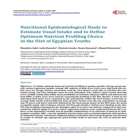 Nutritional Epidemiological Study to Estimate Usual Intake and to Define Optimum Nutrient Profiling Choice in the Diet of Egyptian Youths