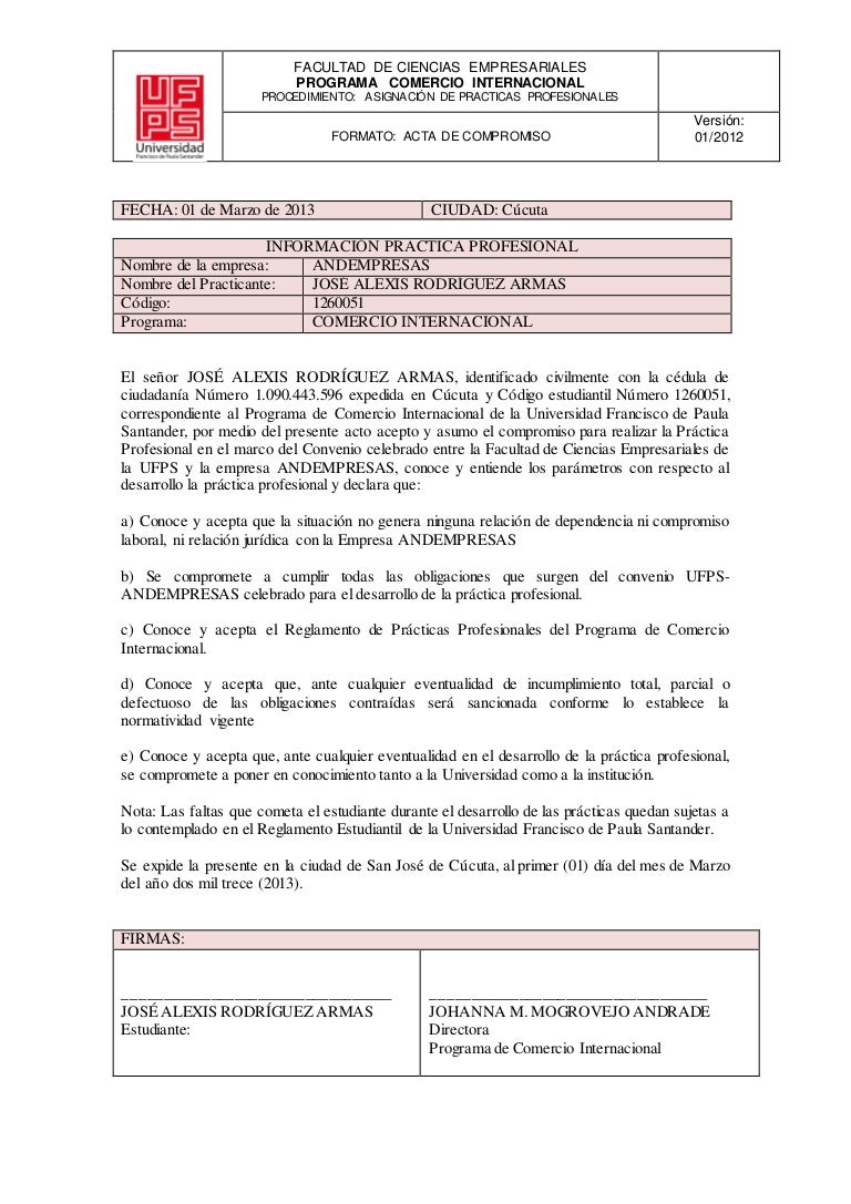 FORMATO DE ACTA DE COMPROMISO PARA PRACTICA