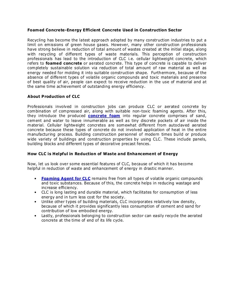 Foamed concrete energy efficient concrete used in construction sector