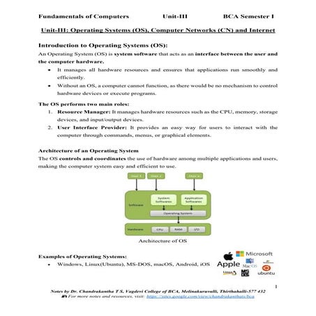 FOC Unit-III Operating Systems , Computer networks and Concept of Internet