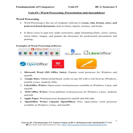 FOC Unit-IV Word Processing, Presentation and Spreadsheet