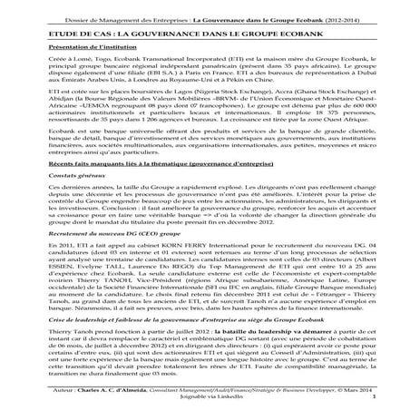 Focus sur la gouvernance d'entreprise à Ecobank sous Thierry Tanoh (2012-2014)