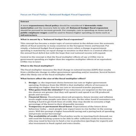 Focus on fiscal policy – balanced budget fiscal expansion