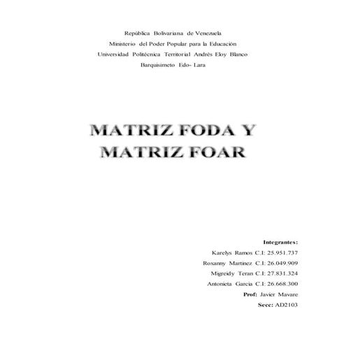 Matriz FODA y Matriz FOAR. Reposteria Kabám