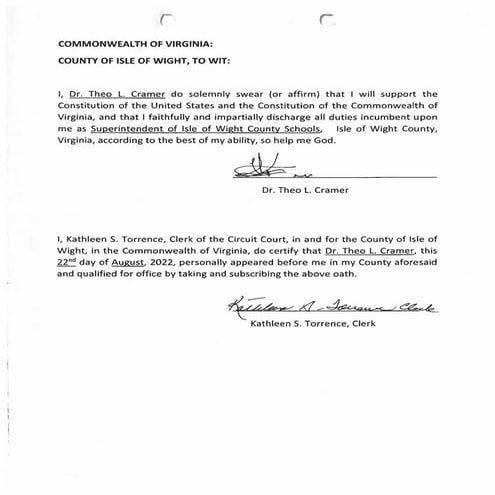 Isle of Wight County, Virginia Public Schools superintendent contract 2022 