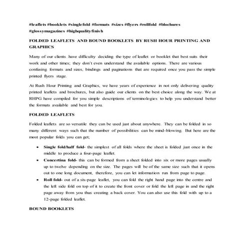 FOLDED LEAFLETS AND BOUND BOOKLETS BY RUSH HOUR PRINTING AND GRAPHICS