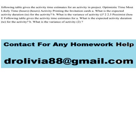 following table gives the activity time estimates for an activity in.pdf