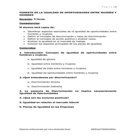 Fomento de la igualdad de oportunidades entre mujeres y hombres