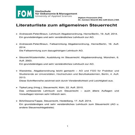 FOM Steuerrecht Literaturliste Zum Allgemeinen Steuerrecht