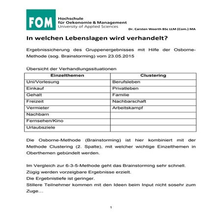 FOM Mediation & Verhandlung: Themen über die verhandelt wird - Brainstorming ...