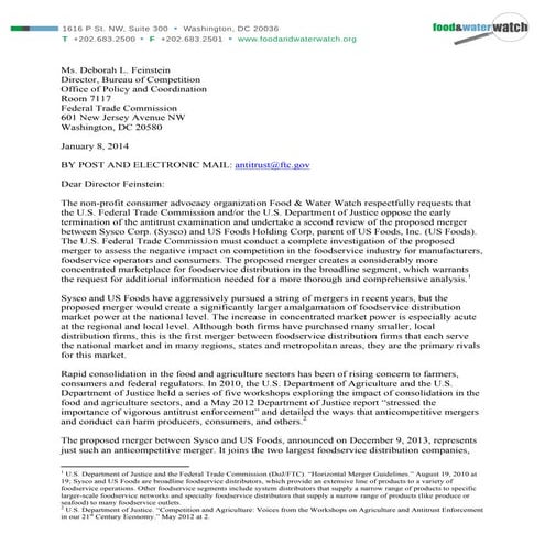 Food & Water Watch Comment on Proposed Sysco US Foods Merger