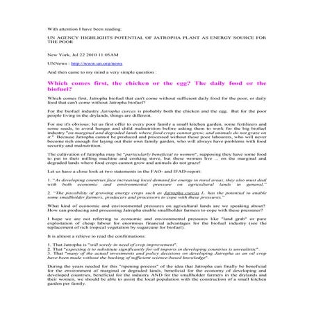 Food and jatropha, the chicken or the egg