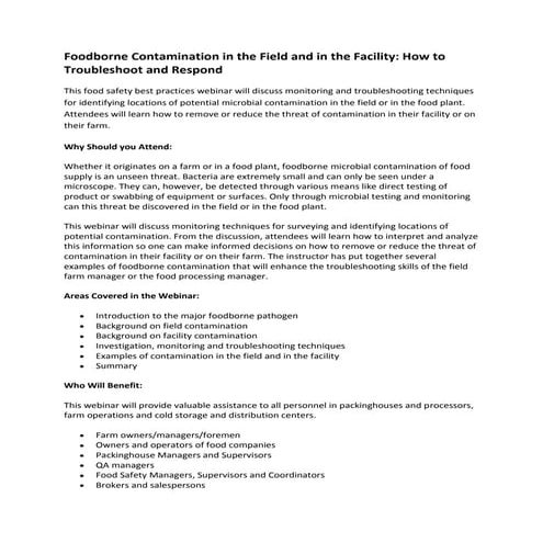 Foodborne contamination in the field and in the facility