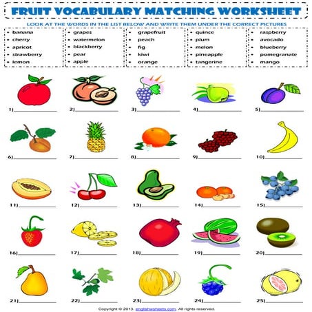 Food fruit vocabulary matching exercise worksheet | PDF