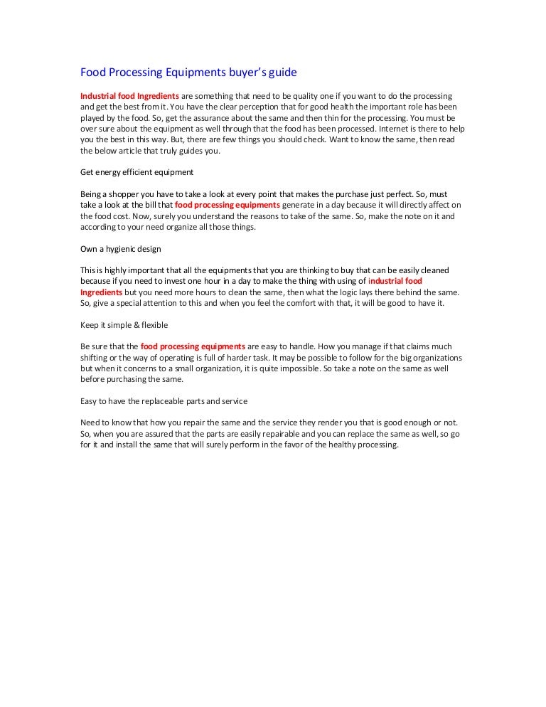 Food Processing Equipments buyer’s guide