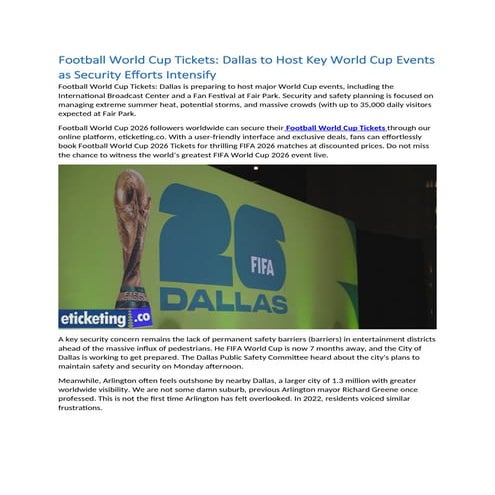 Football World Cup Tickets Dallas to Host Key World Cup Events as Security Ef...