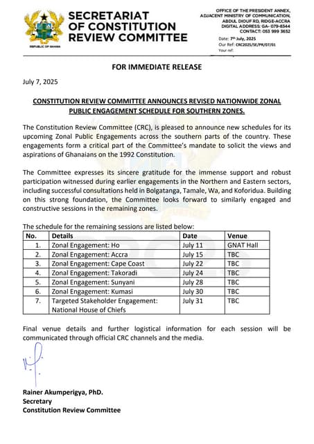 The Constitution Review Committee (CRC) has released an updated schedule for its upcoming public engagement sessions in the southern zones of Ghana, as part of its national consultations on reforming the 1992 Constitution.