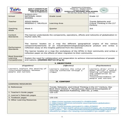 Lesson Plan in Trends, Networks and Critical Thinking in the 21st Century