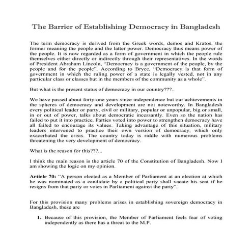 The Barrier of Establishing Democracy in Bangladesh