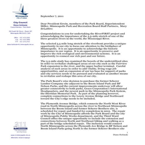 For distribution RiverFIRST Letter From Diane Hofstede 9.7.11