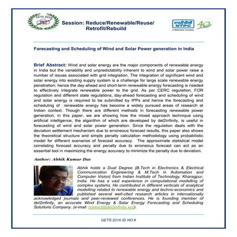 Forecasting and scheduling of wind and solar power generation in india