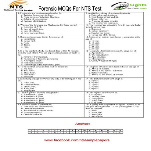 Forensic MCQs for NTS Test Solved Past Papers Sample