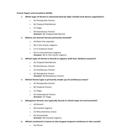 Forest Types and Locations MCQs from chatgpt