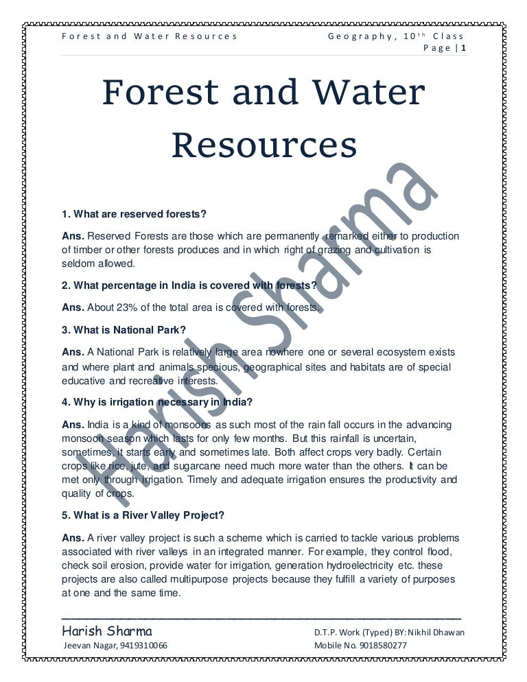 Forest and Water Resources Geography Notes of Class 10th