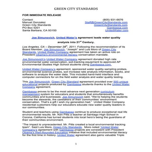 For immediate release joe simunovich united water leads 21st century