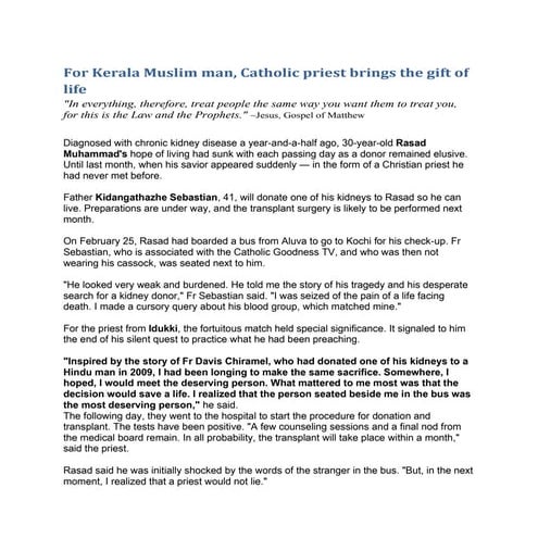 For kerala Muslim Man, Catholic Priest brings the gift of life | DOCX