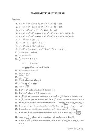 Algebra 1 Formulas
