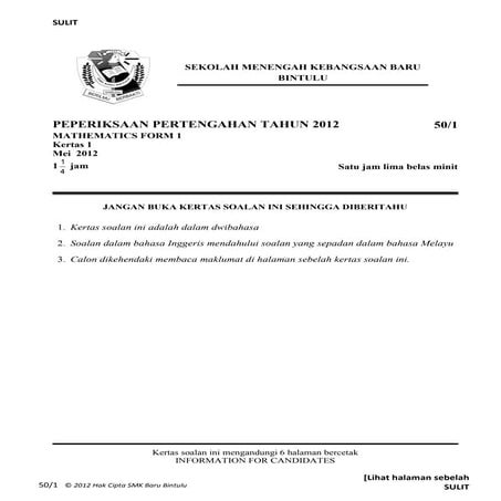 Kertas 1 Tingkatan 1