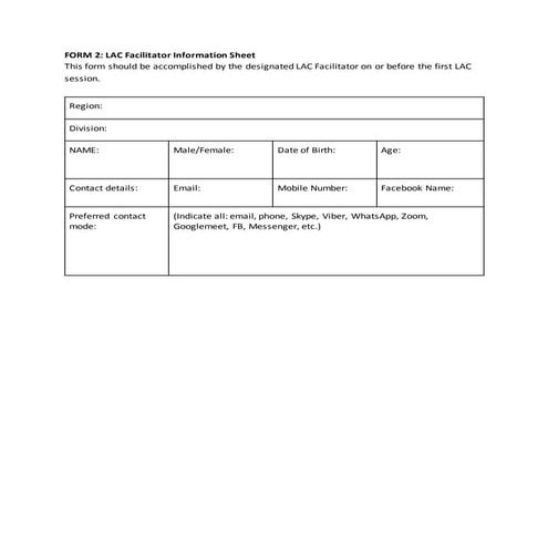 Form 2. lac facilitator information sheet