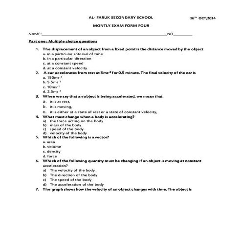 Form 4 exam motion (kinematics)