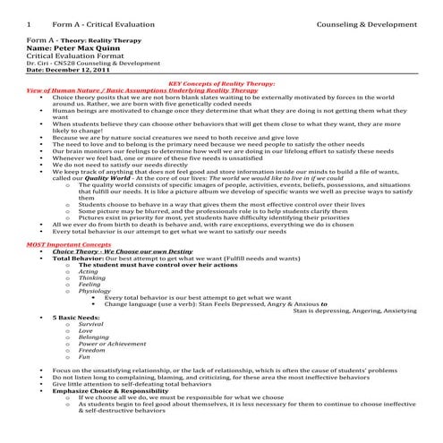 An Overview: Reality Therapy