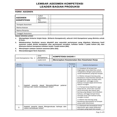 Asesmen kompetensi dasar seorang leader bagian produksi