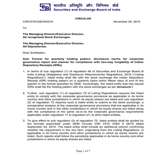 Format for quarterly holding pattern Indian Depository Receipts (IDRs)