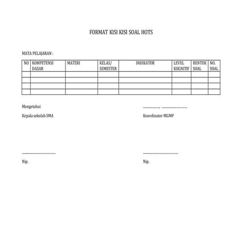 Format kisi kisi soal hots | DOCX