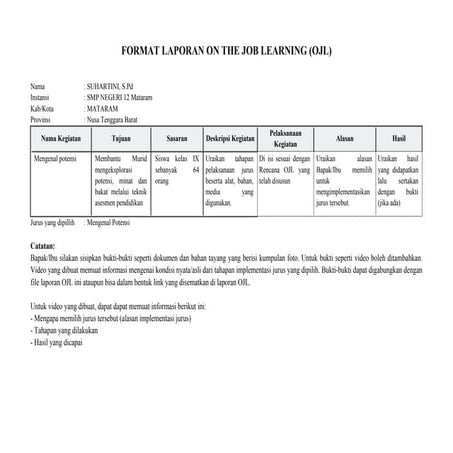 Comprehensive On the Job Learning Report Format for Student Potential ...
