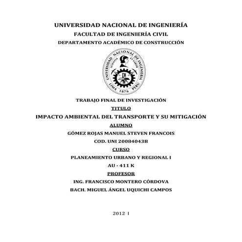 Formato impacto ambiental del transporte y su mitigación | PDF