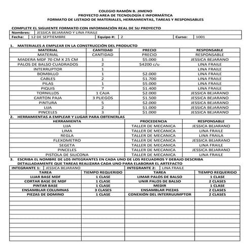 Formato de listado de materiales, herramientas, tareas y responsables ...